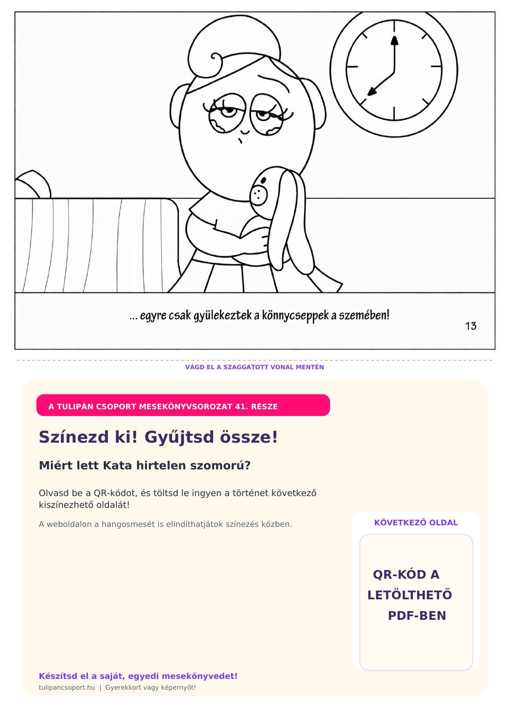 Kata szemében gyülekeznek a könnyek – ingyenes nyomtatható színező óvodásoknak